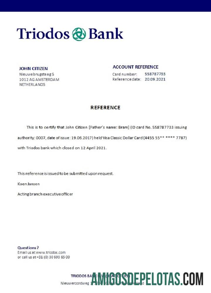 Referência de fechamento do Triodos Bank na Holanda exemplo real